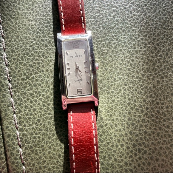 Vintage Peugeot 318 Silver Tone Brown Genuine Leather Quartz Analog Ladies Watch